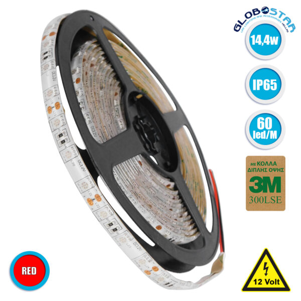 GloboStar® 70124 Ταινία LED SMD 5050 5m 14.4W/m 60LED/m 1454lm/m 120° DC 12V Αδιάβροχη IP65 Κόκκινο – 5 Χρόνια Εγγύηση