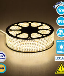 GloboStar® 70502 Slim Ταινία Μονής Σειράς Epistar LED SMD 2835 1m 12W/m 96LED/m 1608lm/m 120° DC 230V Αδιάβροχη IP68 Θερμό Λευκό 2700K Dimmable