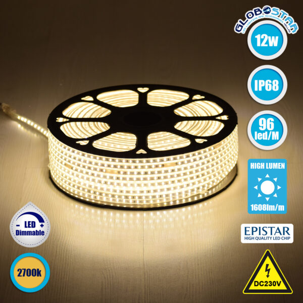 GloboStar® 70502 Slim Ταινία Μονής Σειράς Epistar LED SMD 2835 1m 12W/m 96LED/m 1608lm/m 120° DC 230V Αδιάβροχη IP68 Θερμό Λευκό 2700K Dimmable