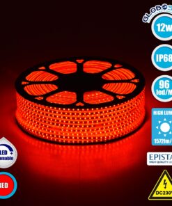 GloboStar® 70504 Slim Ταινία Μονής Σειράς Epistar LED SMD 2835 1m 12W/m 96LED/m 1572lm/m 120° DC 230V Αδιάβροχη IP68 Κόκκινο Dimmable