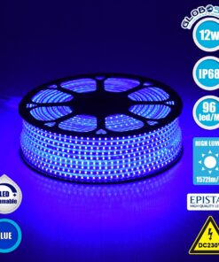 GloboStar® 70506 Slim Ταινία Μονής Σειράς Epistar LED SMD 2835 1m 12W/m 96LED/m 1572lm/m 120° DC 230V Αδιάβροχη IP68 Μπλε Dimmable