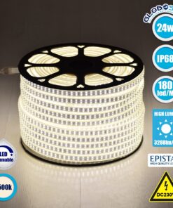 GloboStar® 70511 Wide Ταινία Διπλής Σειράς Epistar LED SMD 2835 1m 24W/m 180LED/m 3288lm/m 120° DC 230V Αδιάβροχη IP68 Φυσικό Λευκό 4500K Dimmable