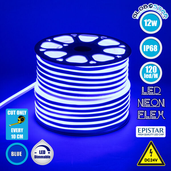GloboStar® 70565 OVALE 120° Degree Neon Flex Epistar LED SMD 2835 1m 12W/m 120LED/m 1212lm/m 120° DC 24V Αδιάβροχη IP68 Μπλε Dimmable