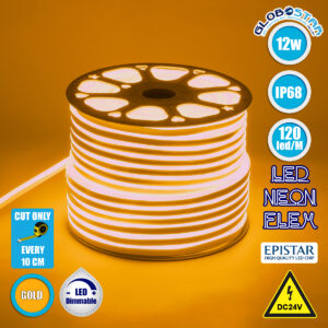GloboStar® 70566 OVALE 120° Degree Neon Flex Epistar LED SMD 2835 1m 12W/m 120LED/m 1212lm/m 120° DC 24V Αδιάβροχη IP68 Gold – Ultra Θερμό 2200K Dimmable