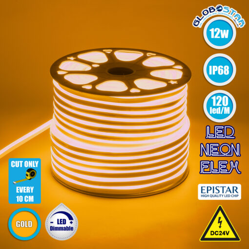 GloboStar® 70566 OVALE 120° Degree Neon Flex Epistar LED SMD 2835 1m 12W/m 120LED/m 1212lm/m 120° DC 24V Αδιάβροχη IP68 Gold – Ultra Θερμό 2200K Dimmable