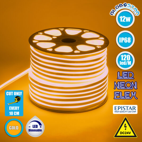 GloboStar® 70566 OVALE 120° Degree Neon Flex Epistar LED SMD 2835 1m 12W/m 120LED/m 1212lm/m 120° DC 24V Αδιάβροχη IP68 Gold – Ultra Θερμό 2200K Dimmable