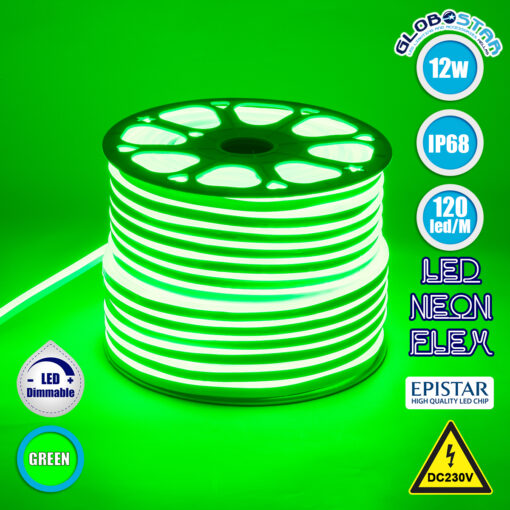 GloboStar® 70574 OVALE 120° Degree Neon Flex Epistar LED SMD 2835 1m 12W/m 120LED/m 1212lm/m 120° DC 230V Αδιάβροχη IP68 Πράσινο Dimmable