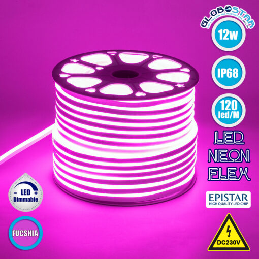 GloboStar® 70577 OVALE 120° Degree Neon Flex Epistar LED SMD 2835 1m 12W/m 120LED/m 1212lm/m 120° DC 230V Αδιάβροχη IP68 Ροζ Dimmable