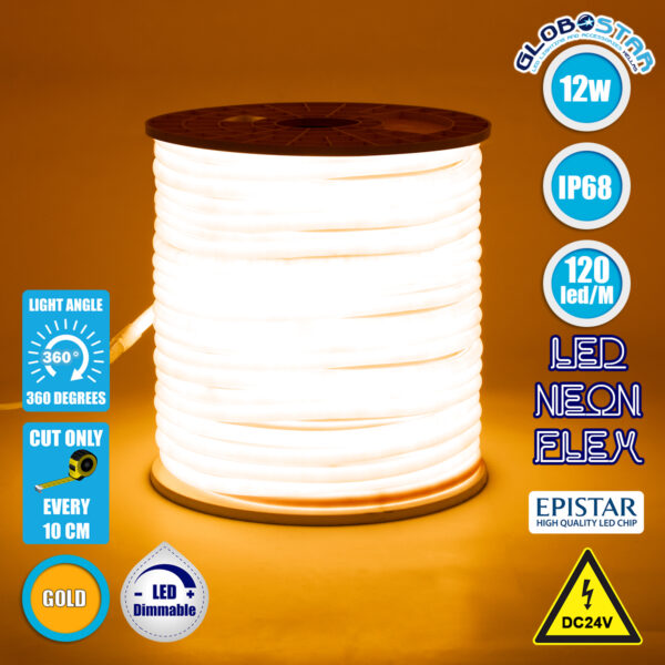 GloboStar® 70586 TUBE 360° Degree Neon Flex Epistar LED SMD 2835 1m 12W/m 120LED/m 1212lm/m 360° DC 24V Αδιάβροχη IP68 Gold – Ultra Θερμό 2200K Dimmable