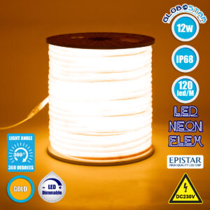 GloboStar® 70596 TUBE 360° Degree Neon Flex Epistar LED SMD 2835 1m 12W/m 120LED/m 1212lm/m 360° DC 230V Αδιάβροχη IP68 Gold – Ultra Θερμό 2200K Dimmable