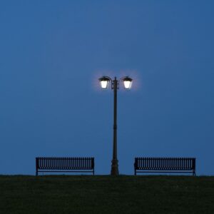 Δίφωτο φωτιστικό εξωτερικού χώρου με μεταλλική βάση και κλασικό σχεδιασμό, φωτίζει ιδανικά κήπους και πάρκα.