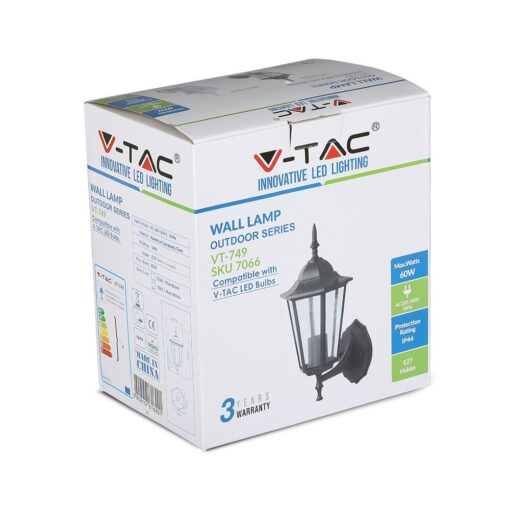 Εξωτερικό φωτιστικό τοίχου V-TAC VT-749 60W IP44, κατάλληλο για λάμπες E27 LED.
