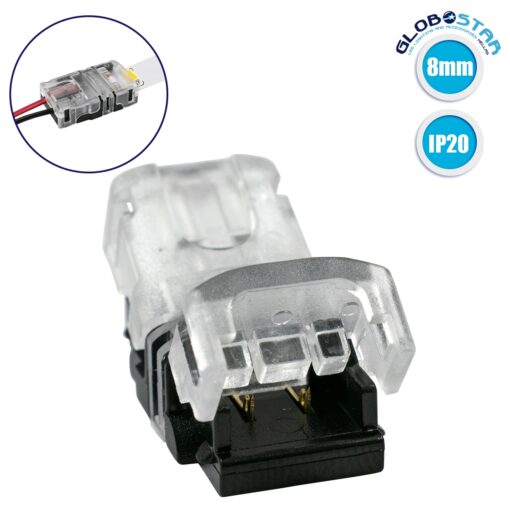GloboStar® 70714 Ταχυσύνδεσμος Ένωσης IP20 – Strip To Cable Connector για Ένωση 1 x Μονόχρωμης Ταινίας LED Πλάτους 8mm με 1 x Καλώδιο Τροφοδοσίας