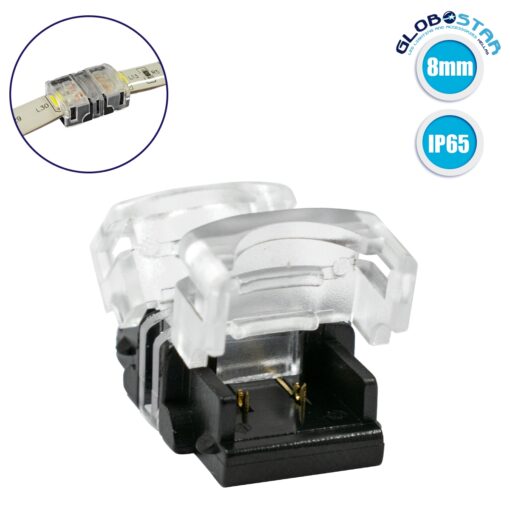 GloboStar® 70715 Αδιάβροχος Ταχυσύνδεσμος Ένωσης IP65 – Strip To Strip Connector για Ένωση 2 x Μονόχρωμες Αδιάβροχες Ταινίες LED Πλάτους 8mm