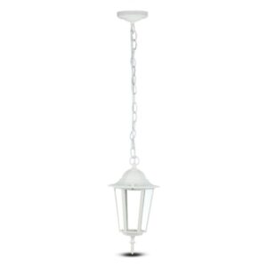 Λευκό κρεμαστό φωτιστικό εξωτερικού χώρου, κλασικού σχεδιασμού με αλυσίδα στήριξης και γυάλινα πάνελ.