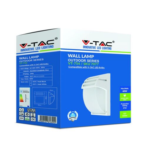 Εξωτερικό φωτιστικό τοίχου V-TAC VT-754 λευκό, αλουμίνιο και γυαλί, IP44, για V-TAC LED λαμπτήρες.