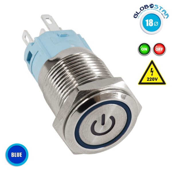 GloboStar® 70773 LED Φωτιζόμενος Διακόπτης Χωνευτός – Μπουτόν On/Off Ανοξείδωτος AC 220V με Angel Eye Μπλε Max 5A