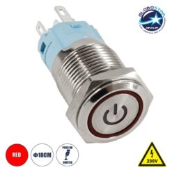 GloboStar® 70776 LED Φωτιζόμενος Διακόπτης Χωνευτός – Μπουτόν PUSH On Ανοξείδωτος AC 220-240V Αδιάβροχο IP67 Φ18mm με Angel Eye Κόκκινο