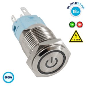 GloboStar® 70780 LED Φωτιζόμενος Διακόπτης Χωνευτός – Μπουτόν On/Off Ανοξείδωτος DC 12V με Angel Eye Ψυχρό Λευκό 6000K Max 5A