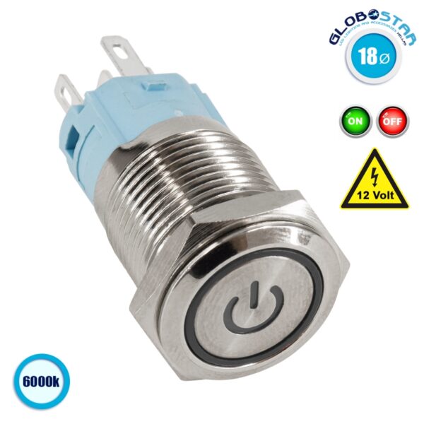 GloboStar® 70780 LED Φωτιζόμενος Διακόπτης Χωνευτός – Μπουτόν On/Off Ανοξείδωτος DC 12V με Angel Eye Ψυχρό Λευκό 6000K Max 5A