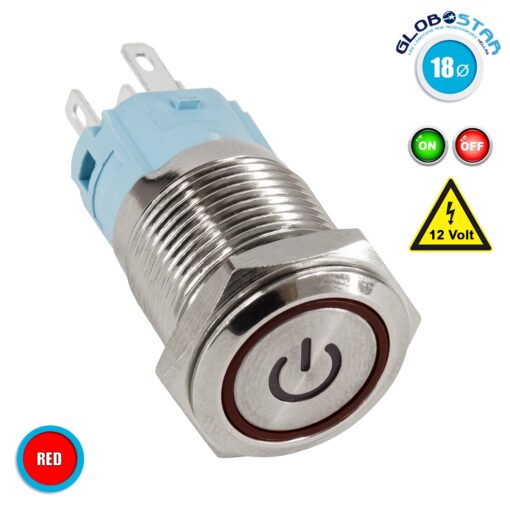 GloboStar® 70781 LED Φωτιζόμενος Διακόπτης Χωνευτός – Μπουτόν On/Off Ανοξείδωτος DC 12V με Angel Eye Κόκκινο Max 5A