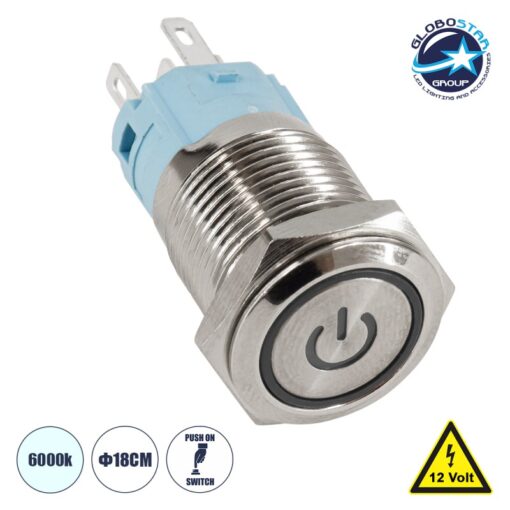 GloboStar® 70785 LED Φωτιζόμενος Διακόπτης Χωνευτός – Μπουτόν PUSH On Ανοξείδωτος DC 12V με Angel Eye Αδιάβροχο Φ18mm IP67 Ψυχρό Λευκό 6000K