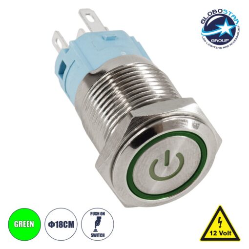 GloboStar® 70787 LED Φωτιζόμενος Διακόπτης Χωνευτός – Μπουτόν PUSH On Ανοξείδωτος DC 12V με Angel Eye Αδιάβροχο Φ18mm IP67 Πράσινο