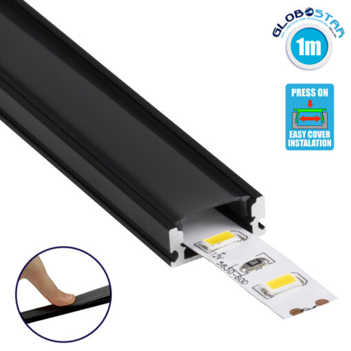 GloboStar® 70806-1M Επιφανειακό Προφίλ Αλουμινίου Μαύρο με Μαύρο Οπάλ Κάλυμμα για 1 Σειρά Ταινίας LED Πατητό – Press On 1 Μέτρο