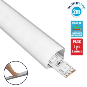 GloboStar® 70815-2m Γωνιακό Προφίλ Αλουμινίου Ανοδιωμένο με Λευκό Οπάλ Κάλυμμα για 1 Σειρά Ταινίας LED Πατητό – Press On Πακέτο 5 Τεμάχια των 2 Μέτρων
