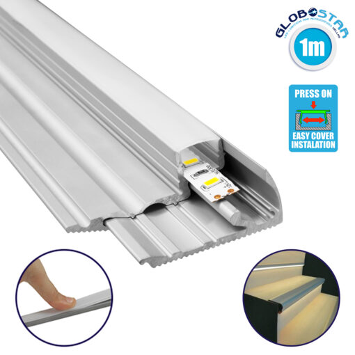 GloboStar® 70823-1M Προφίλ Αλουμινίου για Σκαλοπάτια Ανοδιωμένο με Λευκό Οπάλ Κάλυμμα για 1 Σειρά Ταινίας LED Πατητό – Press On 1 Μέτρο
