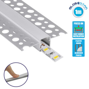 GloboStar® 70838-1M Χωνευτό Γωνιακό για Γυψοσανίδα – Trimless Προφίλ Αλουμινίου Ανοδιωμένο με Λευκό Οπάλ Κάλυμμα για 1 Σειρά Ταινίας LED Πατητό – Press On 1 Μέτρο