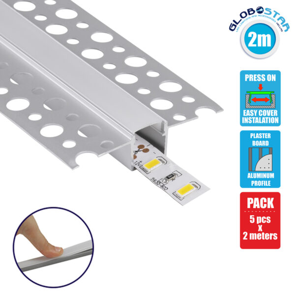 GloboStar® 70838-2M Χωνευτό Γωνιακό για Γυψοσανίδα – Trimless Προφίλ Αλουμινίου Ανοδιωμένο με Λευκό Οπάλ Κάλυμμα για 1 Σειρά Ταινίας LED Πατητό – Press On Πακέτο 5 Τεμάχια των 2 Μέτρων