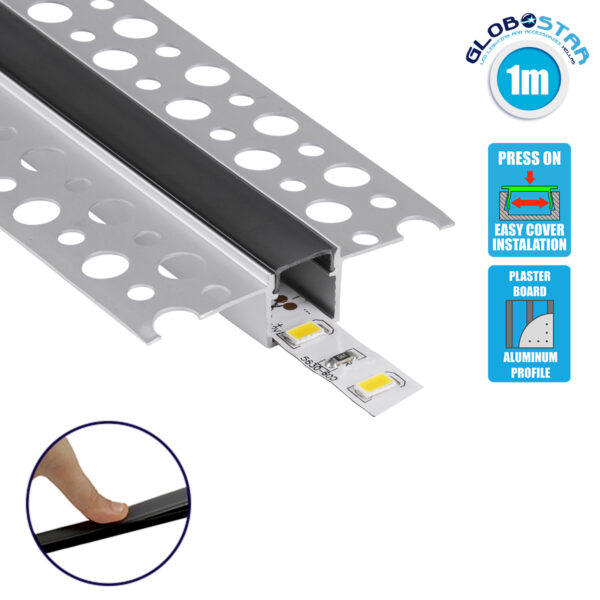 GloboStar® 70839-1M Χωνευτό Γωνιακό για Γυψοσανίδα – Trimless Προφίλ Αλουμινίου Ανοδιωμένο με Μαύρο Οπάλ Κάλυμμα για 1 Σειρά Ταινίας LED Πατητό – Press On 1 Μέτρο