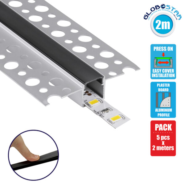 GloboStar® 70839-2M Χωνευτό Γωνιακό για Γυψοσανίδα – Trimless Προφίλ Αλουμινίου Ανοδιωμένο με Μαύρο Οπάλ Κάλυμμα για 1 Σειρά Ταινίας LED Πατητό – Press On Πακέτο 5 Τεμάχια των 2 Μέτρων