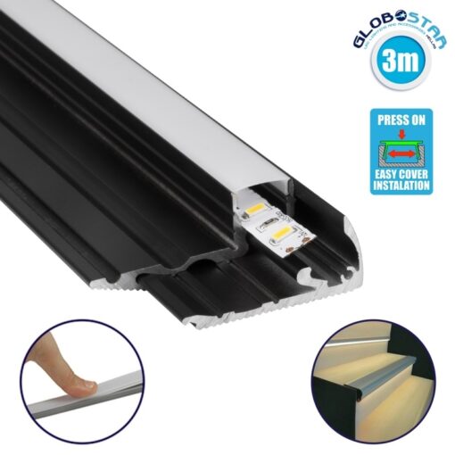 GloboStar® 70841-3M Προφίλ Αλουμινίου για Σκαλοπάτια Μαύρο με Λευκό Οπάλ Κάλυμμα για 1 Σειρά Ταινίας LED Πατητό – Press On 3 Μέτρα