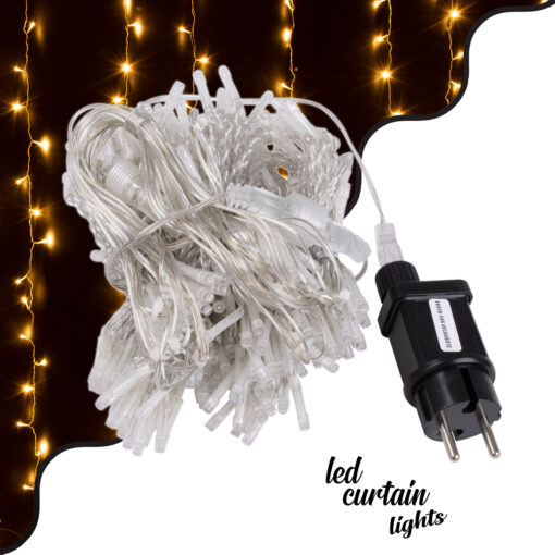 85803 Διακοσμητική Κουρτίνα 3 x 3 Μέτρα με Controller 8 Προγραμμάτων Φωτισμού – Επεκτεινόμενη 300 LED 8W AC 230V με Διάφανο Καλώδιο & Πρίζα Schuko Αδιάβροχη IP67 Θερμό Λευκό 3000K Μ3 x Υ3m