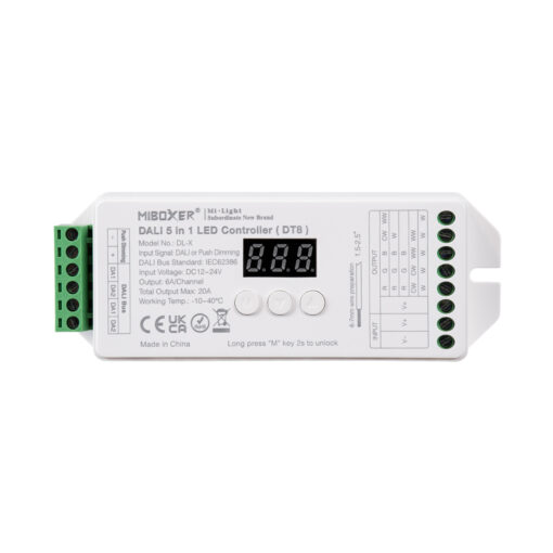 GloboStar® 71423 DL-X Mi-BOXER DC DALI & Push Dimming 5 in 1 High Speed Controller / Dimmer 5 Καναλιών DC 12-24V 5 x 6A 144W – Max 20A 480W – IP20 RGBW+WW Μ13 x Π5 x Υ2.5cm – 5 Years Warranty
