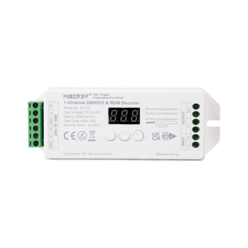 GloboStar® 71424 D1-CX Mi-BOXER DC DMX & RDM Dimmer High Speed Controller / Decoder 1 Καναλιού DC 12-24V 1 x 20A 480W – Max 20A 480W – IP20 Μ13 x Π5 x Υ2.5cm – 5 Years Warranty