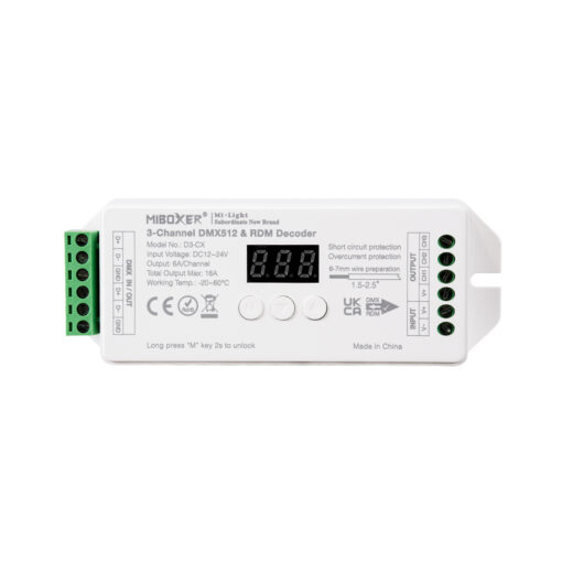 GloboStar® 71425 D3-CX Mi-BOXER DC DMX & RDM Dimmer High Speed Controller / Decoder 3 Καναλιών DC 12-24V 3 x 6A 144W – Max 18A 432W – IP20 Μ13 x Π5 x Υ2.5cm – 5 Years Warranty