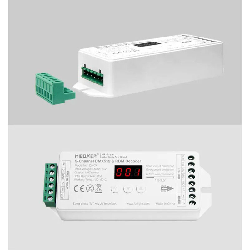 GloboStar® 71426 D5-CX Mi-BOXER DC DMX & RDM Dimmer High Speed Controller / Decoder 5 Καναλιών DC 12-24V 5 x 4A 96W – Max 20A 480W – IP20 Μ13 x Π5 x Υ2.5cm – 5 Years Warranty