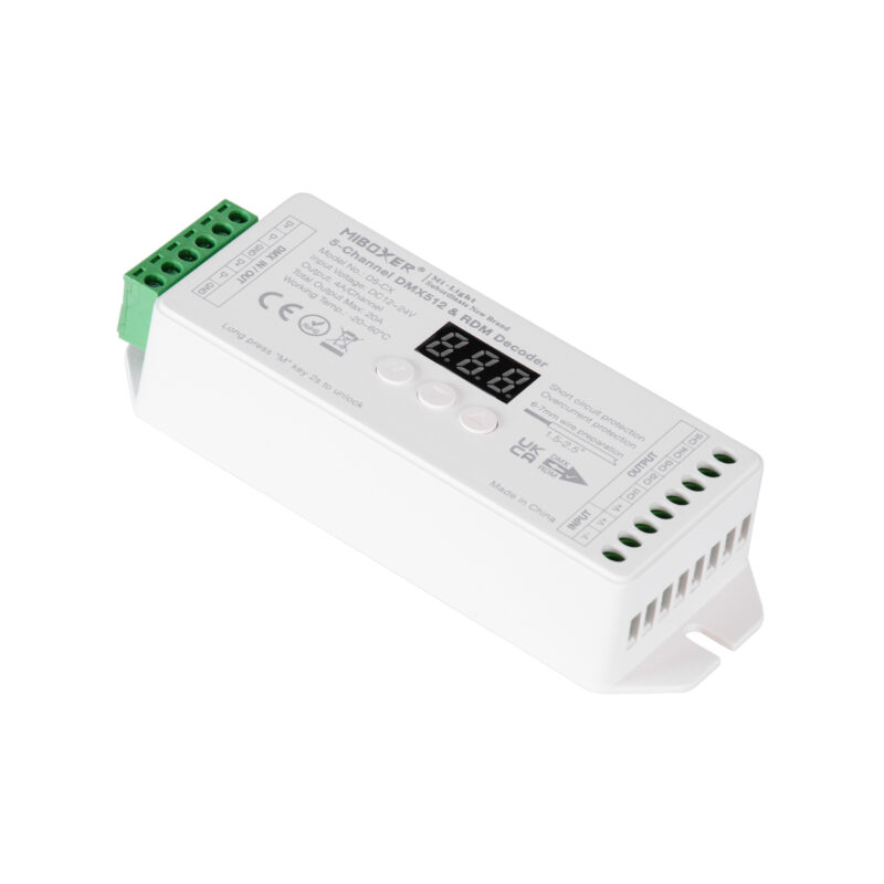 GloboStar® 71426 D5-CX Mi-BOXER DC DMX & RDM Dimmer High Speed Controller / Decoder 5 Καναλιών DC 12-24V 5 x 4A 96W – Max 20A 480W – IP20 Μ13 x Π5 x Υ2.5cm – 5 Years Warranty