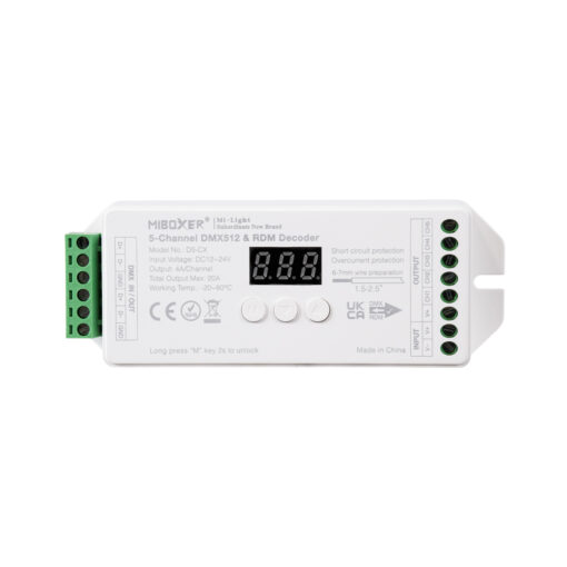 GloboStar® 71426 D5-CX Mi-BOXER DC DMX & RDM Dimmer High Speed Controller / Decoder 5 Καναλιών DC 12-24V 5 x 4A 96W – Max 20A 480W – IP20 Μ13 x Π5 x Υ2.5cm – 5 Years Warranty