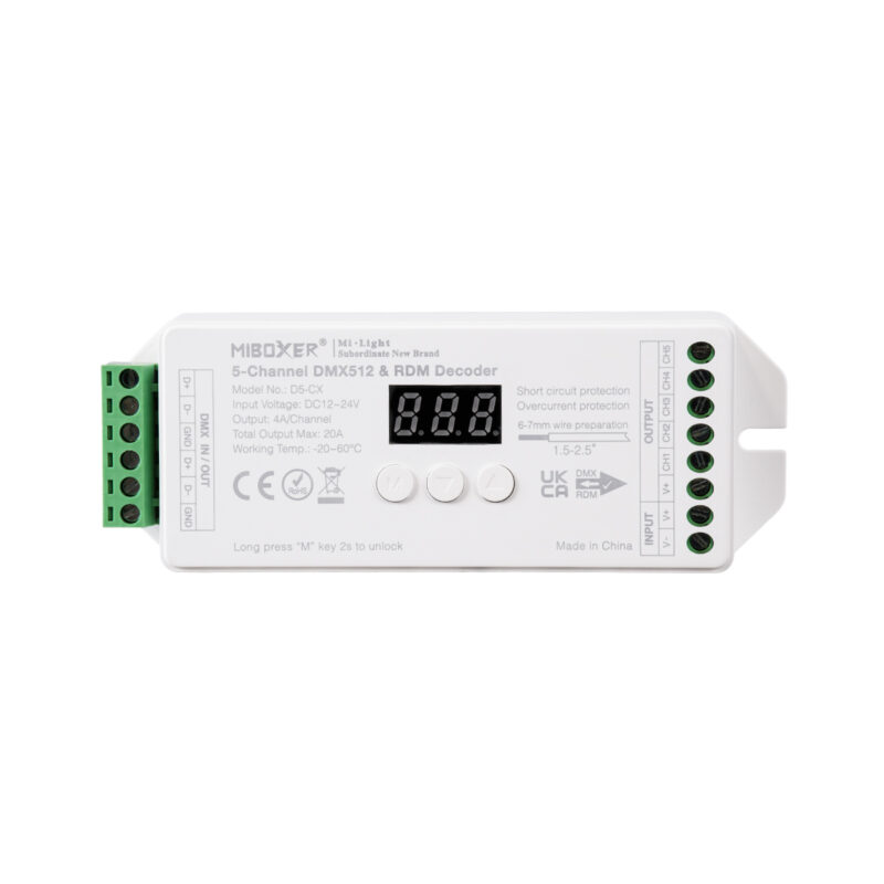 GloboStar® 71426 D5-CX Mi-BOXER DC DMX & RDM Dimmer High Speed Controller / Decoder 5 Καναλιών DC 12-24V 5 x 4A 96W – Max 20A 480W – IP20 Μ13 x Π5 x Υ2.5cm – 5 Years Warranty