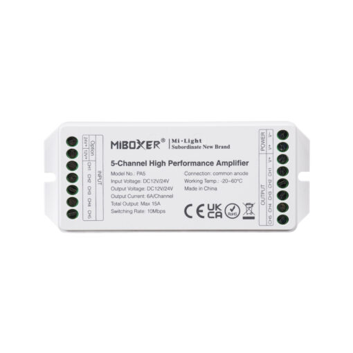 GloboStar® 71429 PA5 Mi-BOXER DC Power & Signal High Speed Amplifier Ενισχυτής Ισχύος & Σήματος Υψηλών Ταχυτήτων 5 Καναλιών DC 12-24V 5 x 6A 144W – Max 15A 360W – IP20 RGBW+WW Μ11.4 x Π4.9 x Υ2.8cm – 5 Years Warranty