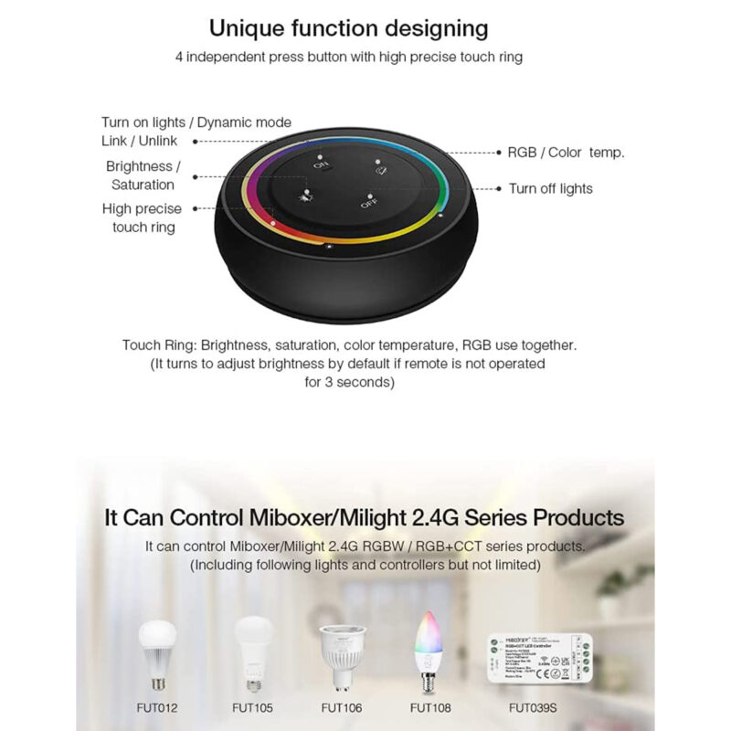 GloboStar® 71434 S2-B Mi-Light Ασύρματο Χειριστήριο Αφής RF 2.4Ghz για όλα τα RGBW+WW Mi-BOXER Controller DC 3V 2 x AAA – IP20 Μαύρο Φ7 x Υ2.5cm – 5 Years Warranty