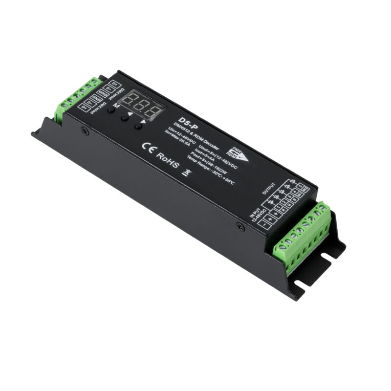 GloboStar® 71445 D5-P SKYDANCE DC DMX & RDM Dimmer High Speed Controller / Decoder 5 Καναλιών DC 12-48V 5 x 4A 192W – Max 20.5A 960W – IP20 Μ17.5 x Π4.5 x Υ3.5cm – 5 Years Warranty