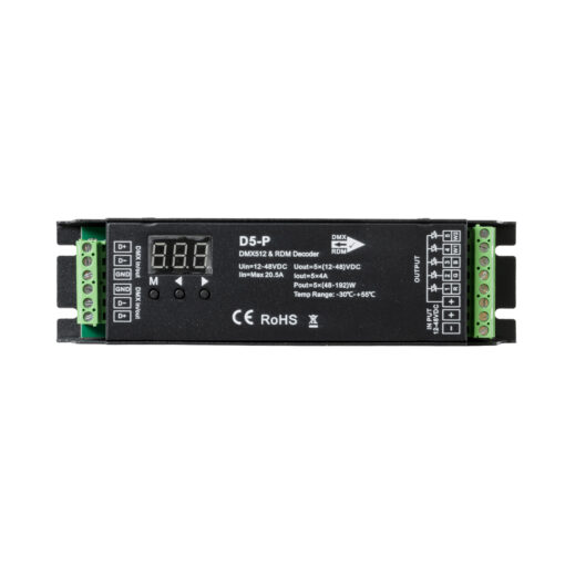 GloboStar® 71445 D5-P SKYDANCE DC DMX & RDM Dimmer High Speed Controller / Decoder 5 Καναλιών DC 12-48V 5 x 4A 192W – Max 20.5A 960W – IP20 Μ17.5 x Π4.5 x Υ3.5cm – 5 Years Warranty