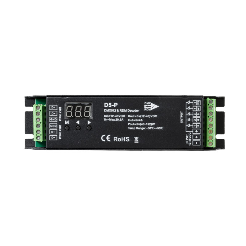 GloboStar® 71445 D5-P SKYDANCE DC DMX & RDM Dimmer High Speed Controller / Decoder 5 Καναλιών DC 12-48V 5 x 4A 192W – Max 20.5A 960W – IP20 Μ17.5 x Π4.5 x Υ3.5cm – 5 Years Warranty