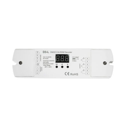 GloboStar® 71447 D3-L SKYDANCE DC DMX & RDM Dimmer High Speed Controller / Decoder 3 Καναλιών DC 12-24V 3 x 6A 144W – Max 18.5A 432W – IP20 Μ17 x Π5 x Υ2.5cm – 5 Years Warranty