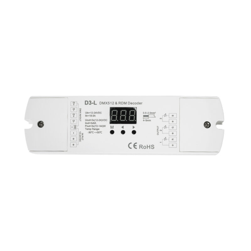 GloboStar® 71447 D3-L SKYDANCE DC DMX & RDM Dimmer High Speed Controller / Decoder 3 Καναλιών DC 12-24V 3 x 6A 144W – Max 18.5A 432W – IP20 Μ17 x Π5 x Υ2.5cm – 5 Years Warranty